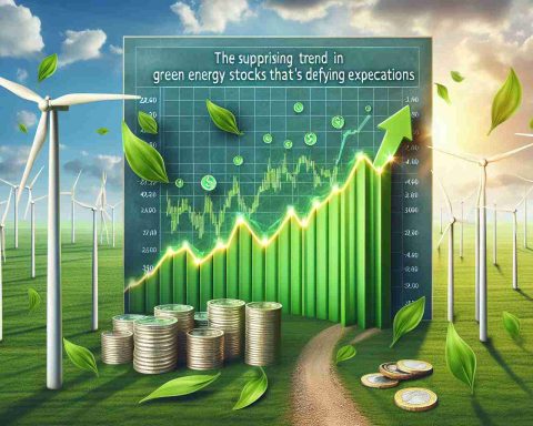 Generate a realistic HD image that represents the surprising trend in green energy stocks that's defying expectations. The image can include a chart with continuously rising values, slowly spinning wind turbines on a vast green field under a clear sky, green leaves indicating green energy, some coins to represent investment, and the phrase 'The Surprising Trend in Green Energy Stocks That's Defying Expectations' prominently displayed in the image.