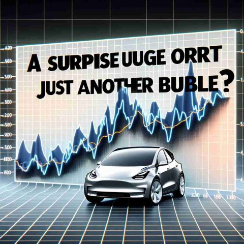 A high-definition graph showcasing the climb and fall of a generic electric automaker's stock. The graph should illustrate sudden spikes and deep troughs, indicating unstable growth that might resemble a 'bubble'. Superimposed upon this graph is the thought-provoking title 'A Surprise Surge or Just Another Bubble?'.