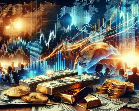 An HD image that symbolizes the big moves in the investment world. It includes a detailed view of a stock market chart showing dramatic changes (some lines going up, some going down), stacks of international currency notes layered on a well-lit desk, gold bars, and a dynamic world map in the background. Diversely represented professionals looking at the chart and currencies are present in the scene as well. It reflects the latest happenings in the financial world in a comprehensive yet visually appealing way.