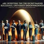 A realistic, high-definition image representing the concept of university endowments being successful due to investments from a group of influential financial experts, symbolically represented as a group of individuals standing behind a large golden egg. The group consists of diverse individuals: a Middle-Eastern woman, a Black man, a Hispanic man, and a South Asian woman, each carrying a suitcase full of money, indicating their contribution to the endowment. The title 'Are Investors the Secret Behind Successful University Endowments?' is displayed in large, bold, serif font.