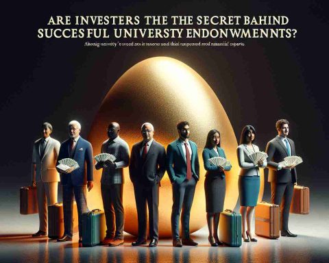 A realistic, high-definition image representing the concept of university endowments being successful due to investments from a group of influential financial experts, symbolically represented as a group of individuals standing behind a large golden egg. The group consists of diverse individuals: a Middle-Eastern woman, a Black man, a Hispanic man, and a South Asian woman, each carrying a suitcase full of money, indicating their contribution to the endowment. The title 'Are Investors the Secret Behind Successful University Endowments?' is displayed in large, bold, serif font.