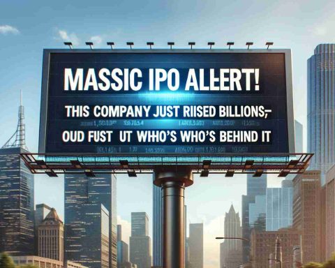 Create a realistic high-definition image of a digital billboard or news headline displaying the text 'Massive IPO Alert! This Company Just Raised Billions—Find Out Who’s Behind It'. The background could be a financial district with towering skyscrapers under a clear sky.