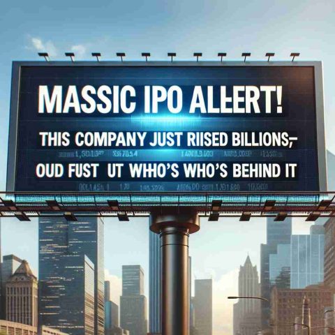 Create a realistic high-definition image of a digital billboard or news headline displaying the text 'Massive IPO Alert! This Company Just Raised Billions—Find Out Who’s Behind It'. The background could be a financial district with towering skyscrapers under a clear sky.