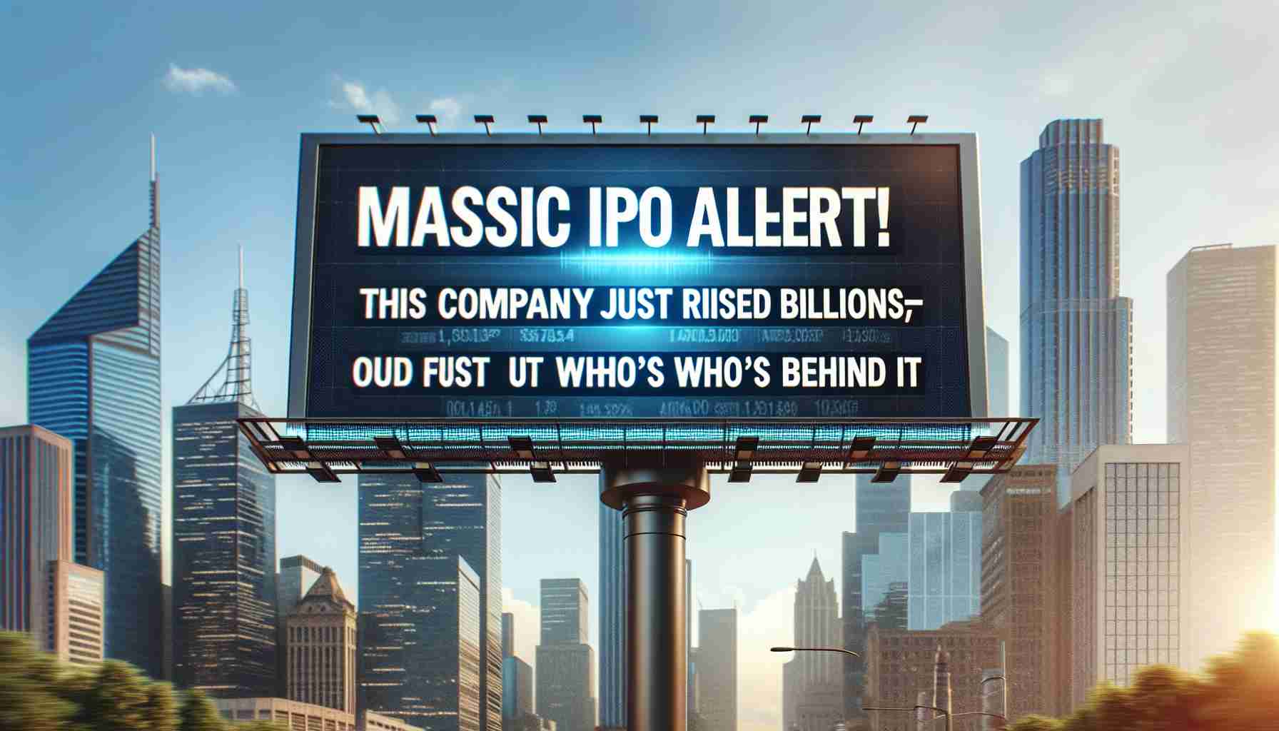 Create a realistic high-definition image of a digital billboard or news headline displaying the text 'Massive IPO Alert! This Company Just Raised Billions—Find Out Who’s Behind It'. The background could be a financial district with towering skyscrapers under a clear sky.