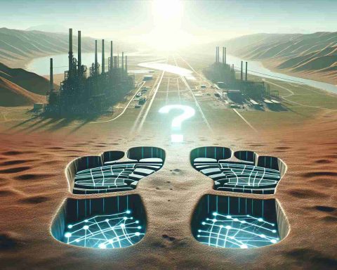 A high-definition, realistic image representing the concept of a major technological company breaking new ground. It could depict a metaphorical set of large footprints in an uncharted territory, symbolizing bold steps. A question mark hangs over a visual representing the industrial sector, suggesting uncertainty about what the future holds.