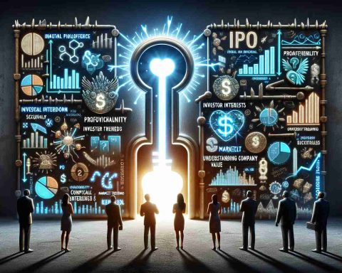 An HD image showcasing a conceptual visual representation of the process of unlocking the secrets behind IPO (Initial Public Offering) success. Pictorially representing a scarce financial knowledge key unlocking a complex lock featuring IP0 topics, depicting abstract concepts like profitability, investor interests, market trends, and understanding company value. The key should have a light glowing from it, indicating enlightenment and discovery, while the lock represents the intricate world of IPOs. Also include a group of diverse, curious investors (Caucasian woman, Black man, South Asian man) peering into the opened lock, symbolizing people trying to discover the unseen parts of an IPO.