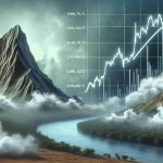 Visual representation of a metaphorical scene interpreting the concept of Amazon company facing new challenges. Illustrate a steep mountain covered with mist to symbolize the obstacles. Nearby, depict a stock price graphic chart, flowing like a river, showing fluctuations, highs and lows, symbolizing the intriguing story of the company's stock price.