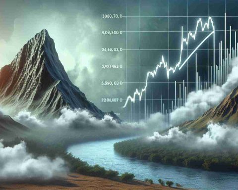 Visual representation of a metaphorical scene interpreting the concept of Amazon company facing new challenges. Illustrate a steep mountain covered with mist to symbolize the obstacles. Nearby, depict a stock price graphic chart, flowing like a river, showing fluctuations, highs and lows, symbolizing the intriguing story of the company's stock price.