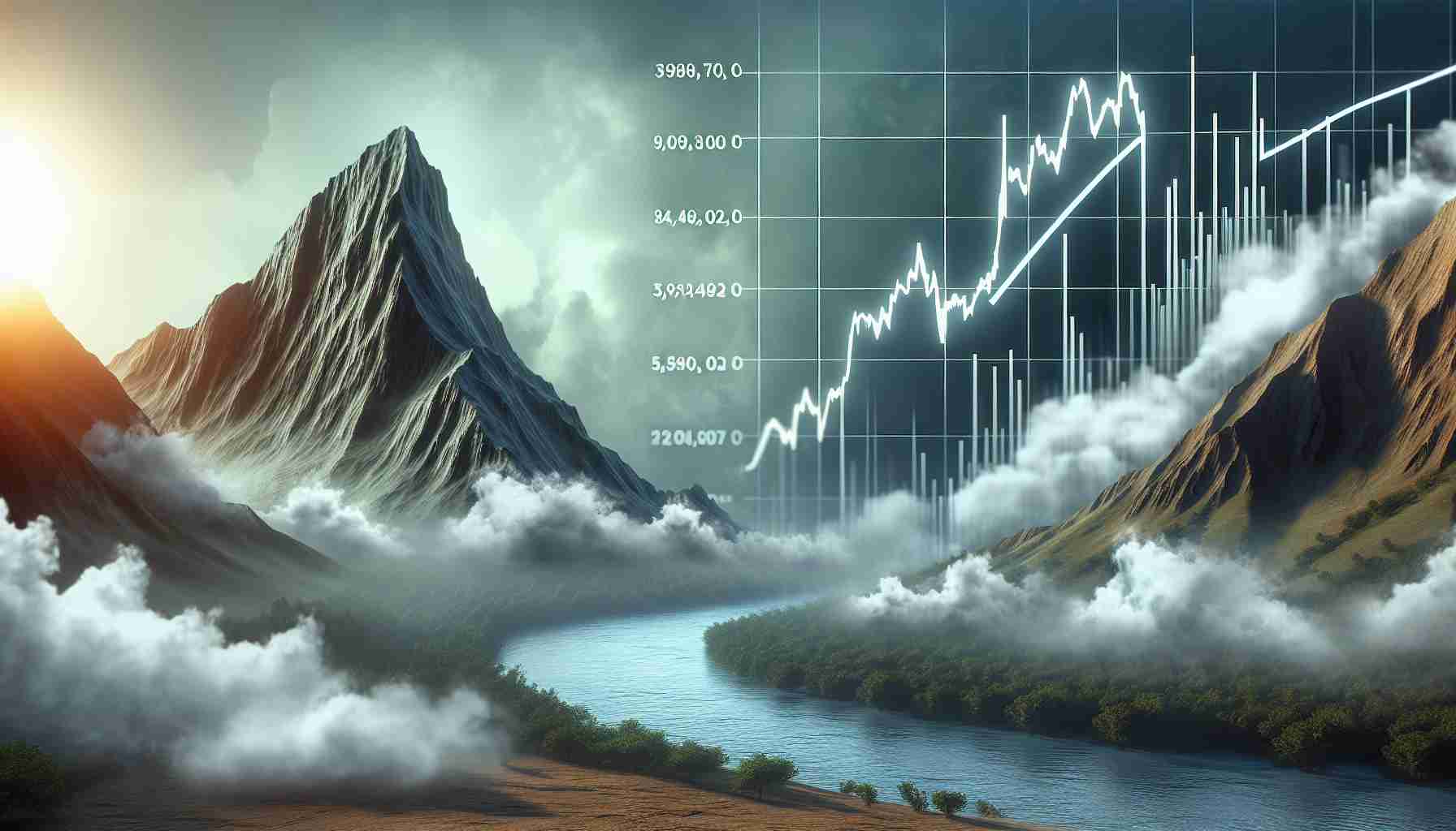 Visual representation of a metaphorical scene interpreting the concept of Amazon company facing new challenges. Illustrate a steep mountain covered with mist to symbolize the obstacles. Nearby, depict a stock price graphic chart, flowing like a river, showing fluctuations, highs and lows, symbolizing the intriguing story of the company's stock price.