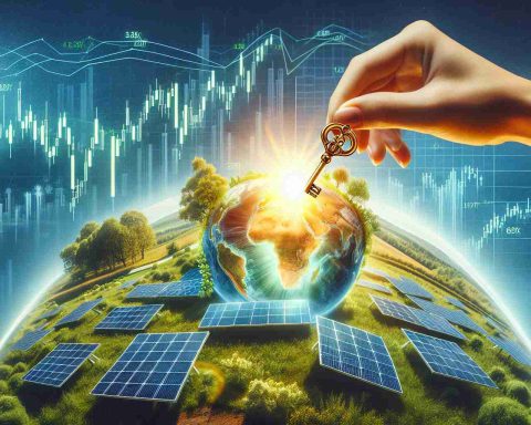 A high-definition, realistic image showcasing the concept of solar energy investment as the key to a greener future. The scene could include a vivid landscape with a collection of solar panels in the bright sun, a hand inserting a golden key into a solar panel which signifies investment, and stock market charts showing positive trends in renewable energy investment. The background can consist of a healthy, green earth, symbolizing a hopeful, greener future with clear blue skies and lush greenery.