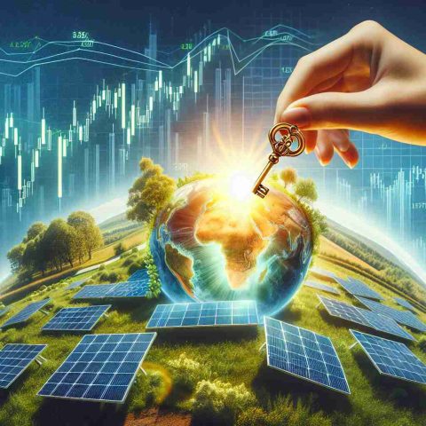 A high-definition, realistic image showcasing the concept of solar energy investment as the key to a greener future. The scene could include a vivid landscape with a collection of solar panels in the bright sun, a hand inserting a golden key into a solar panel which signifies investment, and stock market charts showing positive trends in renewable energy investment. The background can consist of a healthy, green earth, symbolizing a hopeful, greener future with clear blue skies and lush greenery.