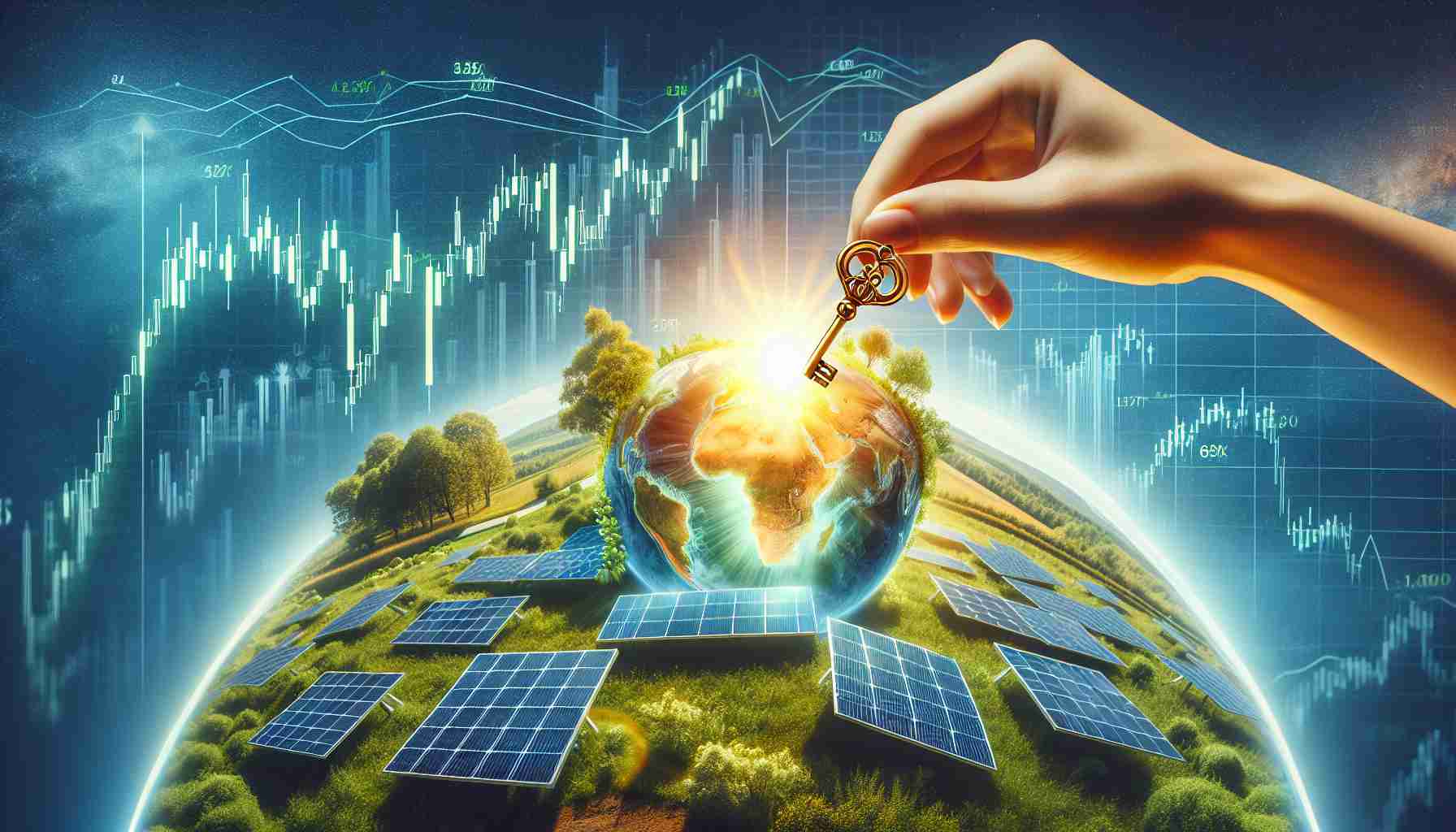 A high-definition, realistic image showcasing the concept of solar energy investment as the key to a greener future. The scene could include a vivid landscape with a collection of solar panels in the bright sun, a hand inserting a golden key into a solar panel which signifies investment, and stock market charts showing positive trends in renewable energy investment. The background can consist of a healthy, green earth, symbolizing a hopeful, greener future with clear blue skies and lush greenery.