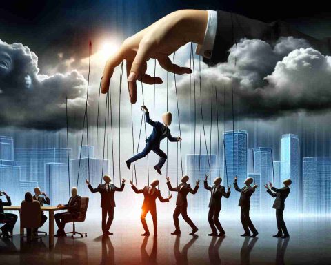 Realistic HD picture depicting the concept of power struggle in a corporate setting. Illustrate an abstract representation of puppet strings being manipulated perhaps by an unseen entity indicating the idea of unseen powers in the background.