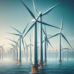 Generate a realistic and high definition image of massive offshore wind turbines, towering above the sea with their majestic blades spinning in the wind, capturing the immense power and potential of renewable energy. These engineering marvels represent the future of clean energy, having a significant positive impact on the environment.