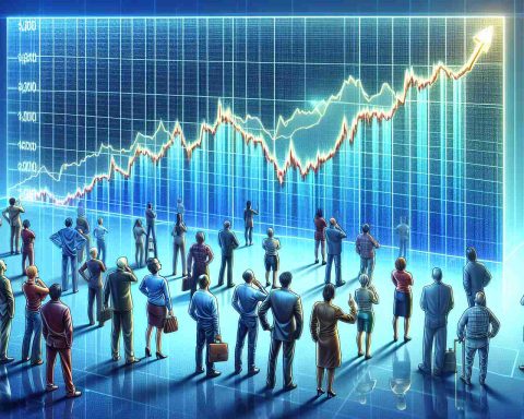 A high-definition, realistic illustration demonstrating the concept of the surge in popularity for Coin Stock. This can be represented by a graph showing an ascending line, depicting the rise of the stock. Alongside, there are people from various descents and genders, observing this trend with curiosity and excitement. Infuse the atmosphere with a sense of anticipation and unpredictability. Some people are contemplating the graph, some are celebrating, while others seem unsure - encapsulating the essence of a new sensation or a temporary trend.