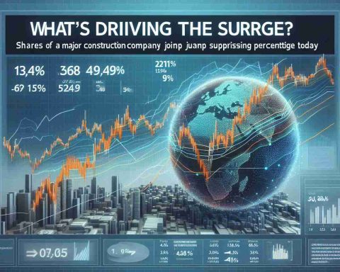 Generate a realistic HD image of a financial news headline declaring: 'What's Driving the Surge? Shares of a Major Construction Company Jump Surprising Percentage Today'. The graphic should include a depiction of financial trends, stock charts, and possible reasons for the surge In relation to a construction company, without specifying any real company. Please ensure the graph and statistical data are complex and interesting, but still comprehensible and visually appealing.