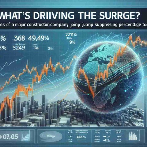 Generate a realistic HD image of a financial news headline declaring: 'What's Driving the Surge? Shares of a Major Construction Company Jump Surprising Percentage Today'. The graphic should include a depiction of financial trends, stock charts, and possible reasons for the surge In relation to a construction company, without specifying any real company. Please ensure the graph and statistical data are complex and interesting, but still comprehensible and visually appealing.