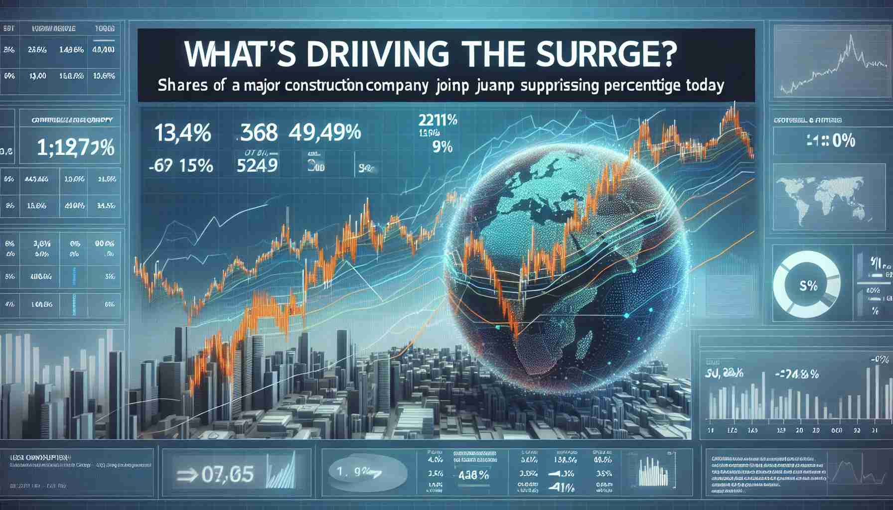 Generate a realistic HD image of a financial news headline declaring: 'What's Driving the Surge? Shares of a Major Construction Company Jump Surprising Percentage Today'. The graphic should include a depiction of financial trends, stock charts, and possible reasons for the surge In relation to a construction company, without specifying any real company. Please ensure the graph and statistical data are complex and interesting, but still comprehensible and visually appealing.