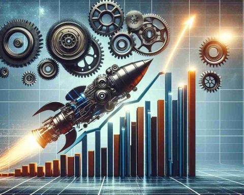 Create an ultra high-definition visualization that symbolically interprets the concept of a surge in share value for a prominent engine manufacturing corporation. The image could show a bar chart or a graph characterizing a sharp ascent, akin to a rocket reaching towards the sky, with possibly a few industrial-looking gears or engine components subtly integrated into the scene. The theme should be optimistic, implying positive market response, with hints of excitement and anticipation evident in the symbolic elements.