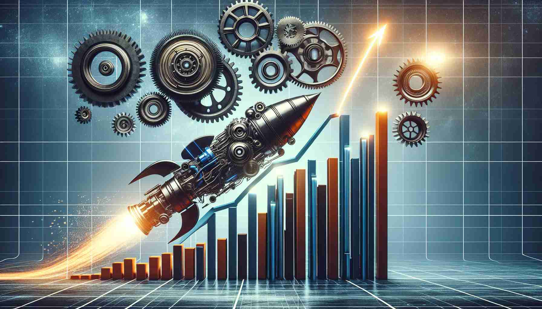 Create an ultra high-definition visualization that symbolically interprets the concept of a surge in share value for a prominent engine manufacturing corporation. The image could show a bar chart or a graph characterizing a sharp ascent, akin to a rocket reaching towards the sky, with possibly a few industrial-looking gears or engine components subtly integrated into the scene. The theme should be optimistic, implying positive market response, with hints of excitement and anticipation evident in the symbolic elements.