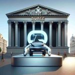 A realistic, high-definition image depicting a bold move by an innovative electric vehicle company. The scenario represents a novelty bourse beckoning, symbolizing opportunity and change. The bourse could be represented as a large, grand building with classic architecture, with the symbol or logo of the electric vehicle company visible in the foreground to signify the company's future engagement with this new venture.