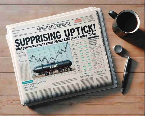 Generate a realistic high-definition image of a newspaper headline with the following text: 'Surprising Uptick! What You Need to Know About LNG Stock Price Today'. The newspaper should be spread out on a wooden table with a black coffee cup sitting nearby. The newspaper should have some charts or graphs depicting recent changes in the price of LNG stocks.