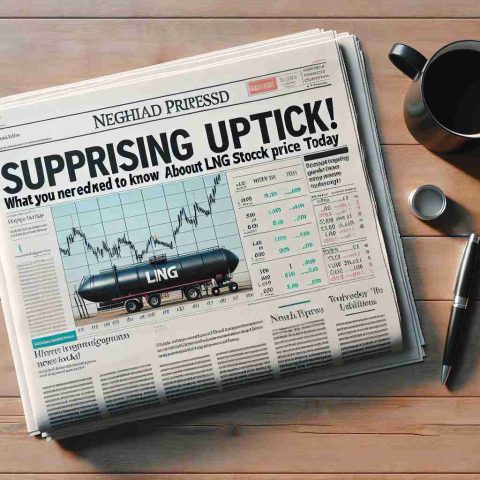 Generate a realistic high-definition image of a newspaper headline with the following text: 'Surprising Uptick! What You Need to Know About LNG Stock Price Today'. The newspaper should be spread out on a wooden table with a black coffee cup sitting nearby. The newspaper should have some charts or graphs depicting recent changes in the price of LNG stocks.