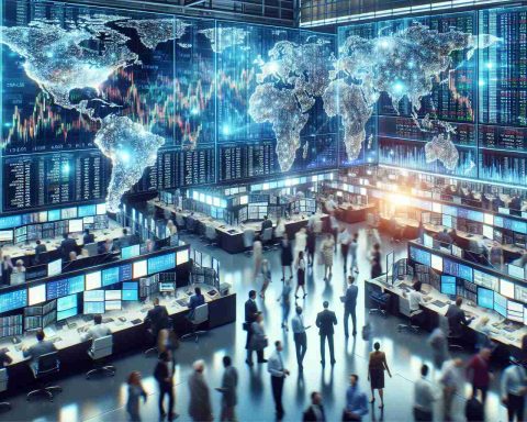 HD image of a vibrant and bustling stock exchange, symbolizing a revolution in global investment opportunities. The numerous screens display various stock indexes, including a digital board glowing with statistics, graphs and charts revealing financial trends. Traders, a diverse mix of people of different genders and descents like Hispanic, Black, Caucasian, Middle Eastern and South Asian, engrossed in their work, swiftly navigating the busy trading floor. Emphasize the sense of global connectivity via digital maps connecting financial hubs worldwide.