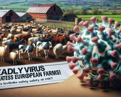 A highly detailed and realistic image of a menacing-looking microscopic virus, depicted as a 3D model. This virus image is situated against a backdrop of pastoral European farms, filled with varied livestock animals such as cows, sheep, and chickens. Superimposed on the image is the headline text - 'Deadly Virus Threatens European Farms! Is Livestock Safety at Risk?'