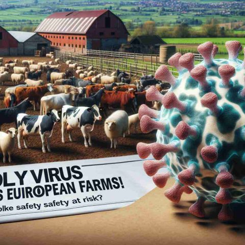 A highly detailed and realistic image of a menacing-looking microscopic virus, depicted as a 3D model. This virus image is situated against a backdrop of pastoral European farms, filled with varied livestock animals such as cows, sheep, and chickens. Superimposed on the image is the headline text - 'Deadly Virus Threatens European Farms! Is Livestock Safety at Risk?'