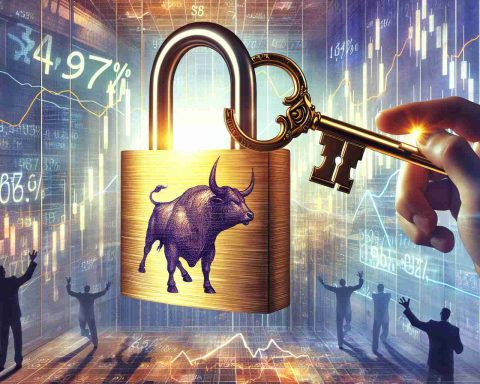 Generate a high-resolution image illustrating the concept of stock market enthusiasm or 'market hype'. Picture a scene where the secrets of a 147% financial return are being unlocked - imagine a large padlock, etched with the symbol of a bull, symbolizing bull market, being unlocked by a golden key. The key can have a graphical overlay of a stock market graph indicating a 147% return. Surrounding this scene, let there be images of excited traders and a bustling stock market trading floor.