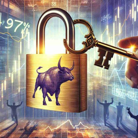 Generate a high-resolution image illustrating the concept of stock market enthusiasm or 'market hype'. Picture a scene where the secrets of a 147% financial return are being unlocked - imagine a large padlock, etched with the symbol of a bull, symbolizing bull market, being unlocked by a golden key. The key can have a graphical overlay of a stock market graph indicating a 147% return. Surrounding this scene, let there be images of excited traders and a bustling stock market trading floor.