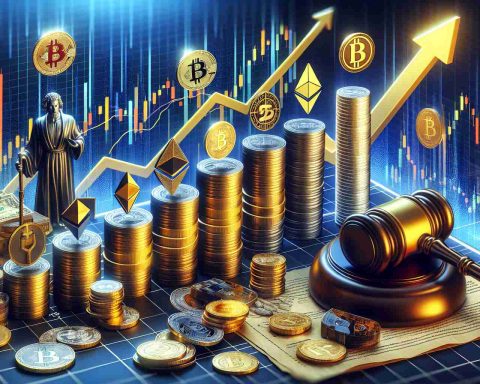 A high-definition representation of the cryptocurrency market experiencing a surge. This should be depicted through graphical elements such as rising lines on graphs, stacks of golden coins representing different cryptocurrencies- like Bitcoin, Ethereum, and more. Further, depict symbols to represent significant changes in regulations or rules, which could alter the game. Some symbolic elements might be a gavel (signaling law changes), a document marked with 'new policies', and a chessboard (implying strategy shifts).  Please exclude any particular politicians or public figures in the image.