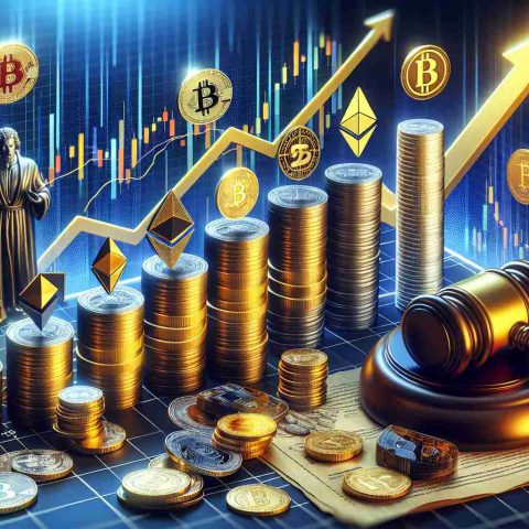 A high-definition representation of the cryptocurrency market experiencing a surge. This should be depicted through graphical elements such as rising lines on graphs, stacks of golden coins representing different cryptocurrencies- like Bitcoin, Ethereum, and more. Further, depict symbols to represent significant changes in regulations or rules, which could alter the game. Some symbolic elements might be a gavel (signaling law changes), a document marked with 'new policies', and a chessboard (implying strategy shifts).  Please exclude any particular politicians or public figures in the image.