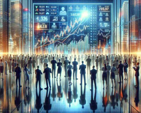 An HD, realistic image of an abstract representation of the exciting times for investors. The foreground should include a scene of eager investors gathered around a large glowing stock market tracker, reflecting promising numbers and symbols indicating the rising value of an upcoming IPO. The investors should be depicted as a diverse group, with a balanced mix of genders and ethnicities like Caucasian, Black, Hispanic, Middle-Eastern, and South Asian. The background should be filled with skyscrapers symbolizing the financial district. Please emphasize bright, optimistic colors to convey the game-changing significance of this economic event.