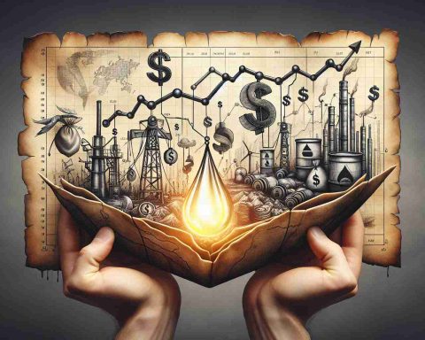 an image of a conceptual depiction of the idea of investing: a pair of Caucasian hands unfolding a treasure map, with symbolic design showing oil rigs, dollar sign infused oil droplets, and a graph depicting the rise and fall of oil prices - all drawn in a detailed and realistic style to represent the question: Is investing in oil companies still a lucrative opportunity?