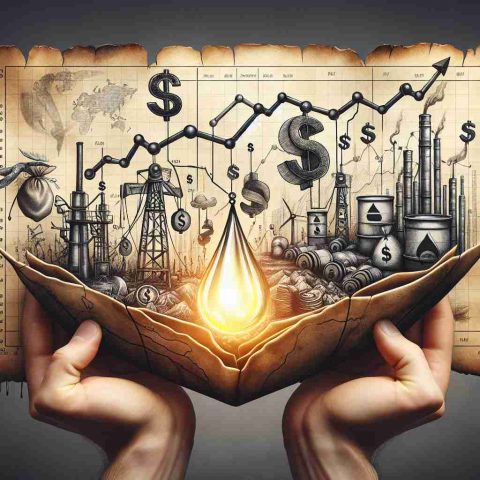 an image of a conceptual depiction of the idea of investing: a pair of Caucasian hands unfolding a treasure map, with symbolic design showing oil rigs, dollar sign infused oil droplets, and a graph depicting the rise and fall of oil prices - all drawn in a detailed and realistic style to represent the question: Is investing in oil companies still a lucrative opportunity?