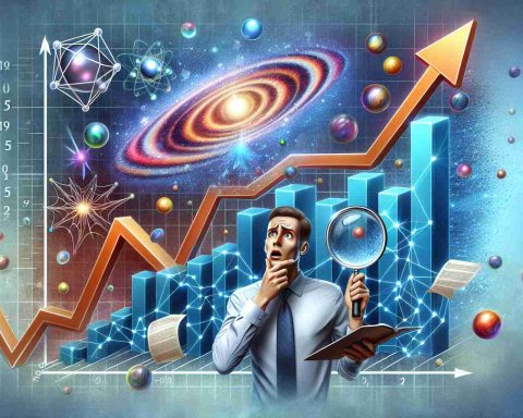 Realistic high-definition illustration representing a surprising surge in quantum phenomenon. Include visual elements such as an upward arrow or graph to signify the 'surge', along with a representation of quantum, like abstract shapes or particles. Beside this, depict a puzzled individual meant to represent an 'analyst', perhaps with a magnifying glass or documents, trying to predict the future trends.