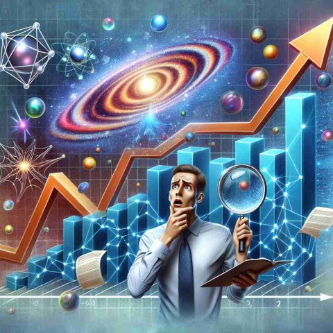 Realistic high-definition illustration representing a surprising surge in quantum phenomenon. Include visual elements such as an upward arrow or graph to signify the 'surge', along with a representation of quantum, like abstract shapes or particles. Beside this, depict a puzzled individual meant to represent an 'analyst', perhaps with a magnifying glass or documents, trying to predict the future trends.