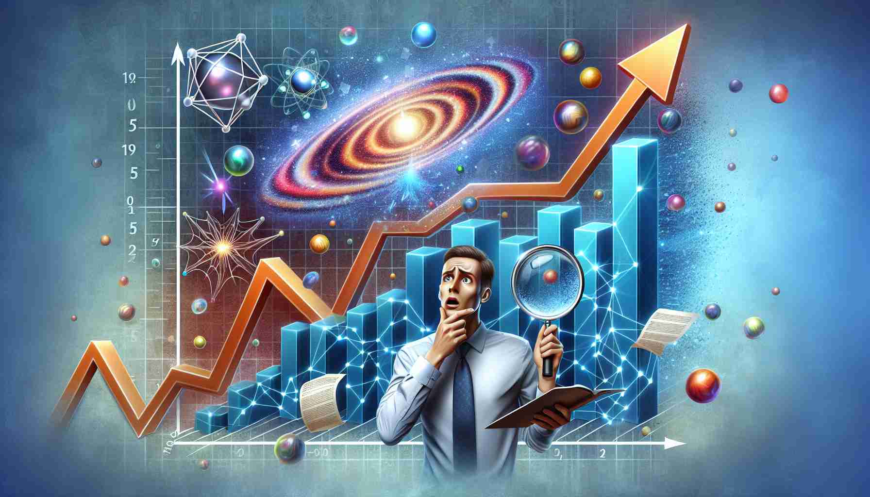 Realistic high-definition illustration representing a surprising surge in quantum phenomenon. Include visual elements such as an upward arrow or graph to signify the 'surge', along with a representation of quantum, like abstract shapes or particles. Beside this, depict a puzzled individual meant to represent an 'analyst', perhaps with a magnifying glass or documents, trying to predict the future trends.