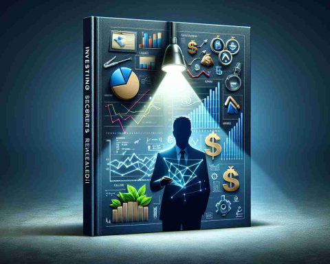 High-definition realistic illustration showing a cover of a book titled 'Investing Secrets Revealed!'. The cover features intriguing financial symbols, graphs, and perhaps a depiction of a spotlight revealing a hidden diagram to symbolize the 'secret'. Additionally, a shadowy figure of an analyst is present, uncovering them with an expression of disbelief or surprise.