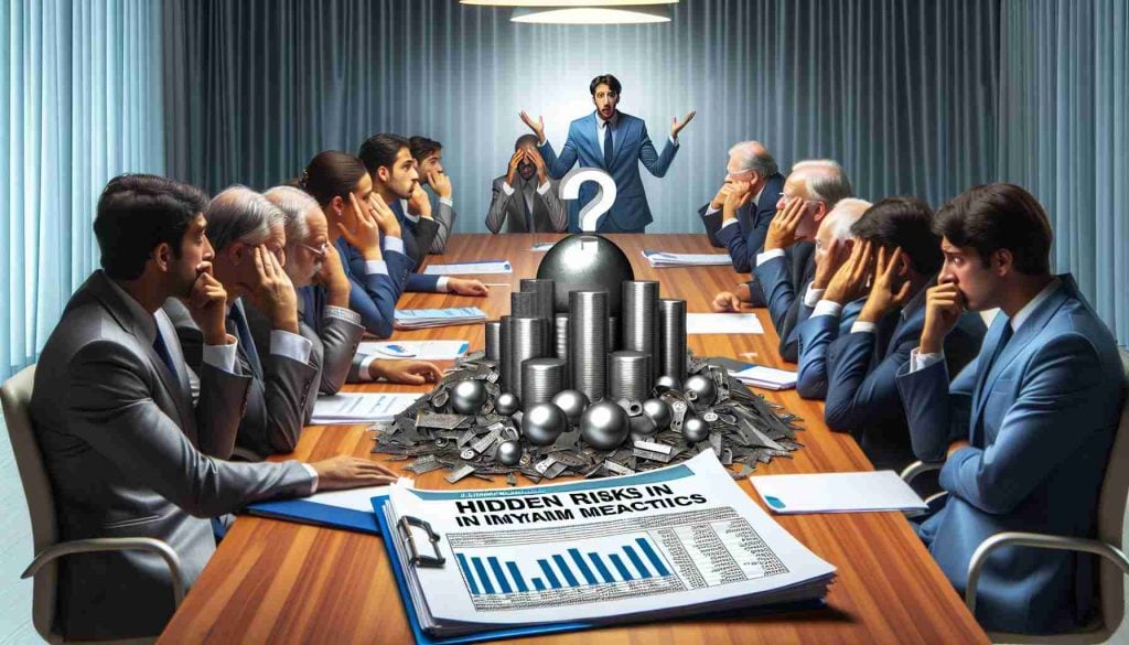 An HD photo depicting the concept of 'Hidden Risks in a metal company named Shyam Metalics'. The image should have a worried group of diverse shareholders in a conference room. The table should have a pile of metallic products branded with the imaginary company's name 'Shyam Metalics', and financial documents scattered around implying a declining business.