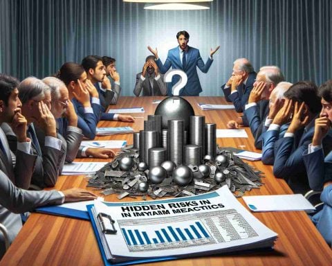 An HD photo depicting the concept of 'Hidden Risks in a metal company named Shyam Metalics'. The image should have a worried group of diverse shareholders in a conference room. The table should have a pile of metallic products branded with the imaginary company's name 'Shyam Metalics', and financial documents scattered around implying a declining business.