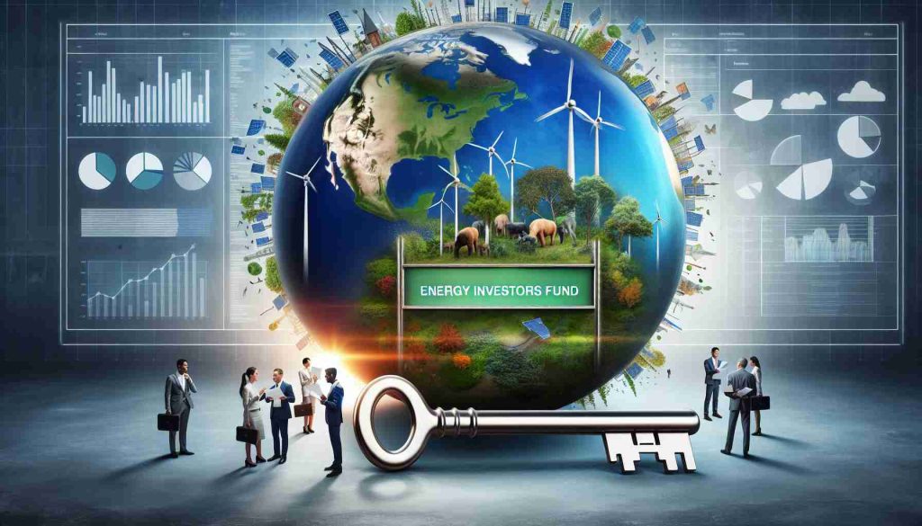 A high definition, realistic image depicting the concept of an Energy Investors Fund being the key to a sustainable future. Include visual symbols like a large metallic key labeled 'Energy Investors Fund' unlocking an oversized, beautiful, spherical globe that appears highly sustainable. Depict flourishing green forests, shimmering blue oceans, and thriving wildlife. Include also solar panels, wind turbines, and potential investors in the background, representing diverse ethnicities and genders, discussing plans and financial charts. Capture a optimistic and hopeful aura.