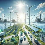 A high definition, realistic depiction of the renewable energy revolution, symbolized by solar panels and wind turbines against a bright, clear sky, displaying the idea of a clean and green future. It might include signs of progress such as electric cars being charged from those green energy sources, providing a glimpse of a sustainable lifestyle. But, it also showcases the hidden impacts, perhaps through images of production lines creating the equipment, or workers installing the technology, conveying the often-overlooked aspects of such a revolution.