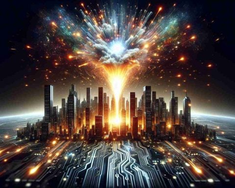 A striking, high-definition digital illustration depicting the figurative 'explosion' in the business technology industry, symbolized by a powerful burst of radiant light emanating from an intricate circuit board. The board is designed as cityscape, with glowing, futuristic skyscrapers, signalling the ongoing evolution and amplification of the sector. The caption beneath the image reads: 'This Industry is set to Double in a Decade', emphasizing the rapid growth expected in the field over the next ten years.