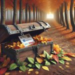 High-definition, realistic image of a conceptual metaphor for hidden opportunities. It features a treasure chest partially buried under an autumn leaf pile, symbolizing the 'hidden' aspect. Near the chest, we see papers or documents with company logos to signify 'companies making big moves'. The background is a forest in autumn, implying change, and a path from the foreground to the horizon indicates a journey or exploration for these opportunities.