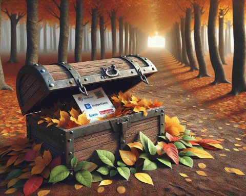 High-definition, realistic image of a conceptual metaphor for hidden opportunities. It features a treasure chest partially buried under an autumn leaf pile, symbolizing the 'hidden' aspect. Near the chest, we see papers or documents with company logos to signify 'companies making big moves'. The background is a forest in autumn, implying change, and a path from the foreground to the horizon indicates a journey or exploration for these opportunities.