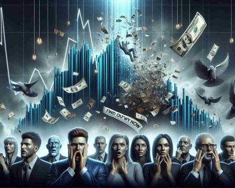 Realistically rendered high-definition image of a conceptual representation of an economic shock in the investment world. Illustrate the shock visually with dropping graphs, a considerable amount of money evaporating, and faces of a diverse group of investors showing surprise. Include an enigmatic atmosphere to emphasize the mystery. Add a banner in bold lettering, stating 'Find Out Why Now'.