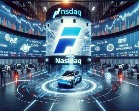 A high-definition, highly detailed digital illustration of a hypothetical event related to the stock market. This image includes the Nasdaq logo prominently displayed and a symbolic representation of a surprising twist or unexpected development. The image also features a symbolic representation of an innovative electric car company's emblem, but without direct references to any real company. The setting should evoke a bustling and dynamic trading floor emphasized by real-time stock tickers, interactive digital displays, and fast-paced stock market traders.